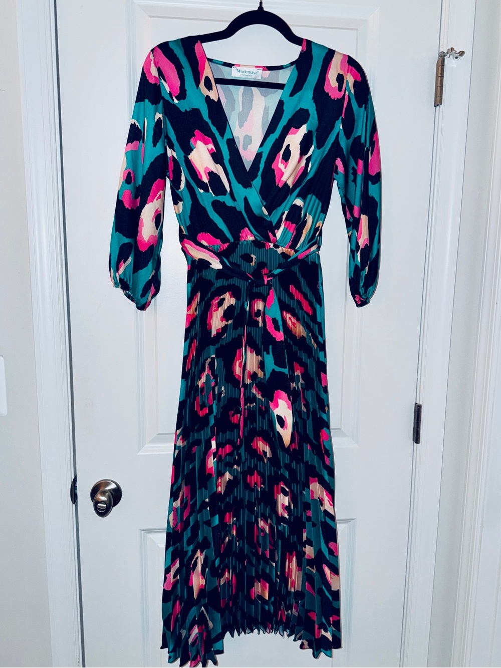 Teal & Pink Abstract AnimalPrinted Faux Wrap Midi Dress - Picture 2 of 4